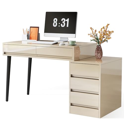 Tribesigns Gloss Desk with 5 Drawers, Modern Home Office Desk with Storage Drawers and Printer Stand