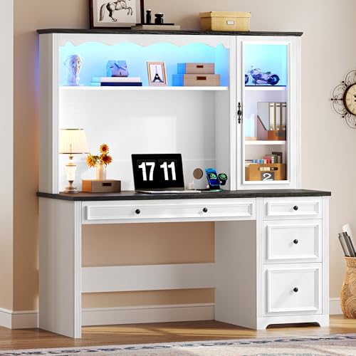 YITAHOME Executive Desk with Hutch and Drawers, Farmhouse Wood Computer Desk with Power Outlet & LED Lights, Home Office Desks with Storage Shelves