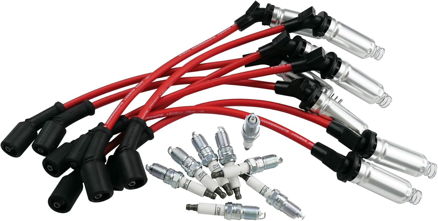 41-962 Spark Plugs + 48322 Spark Plug Wires Fit for Chevrolet Silverado Suburban Tahoe Avalanche Corvette Express Impala Monte Carlo Buick Allure