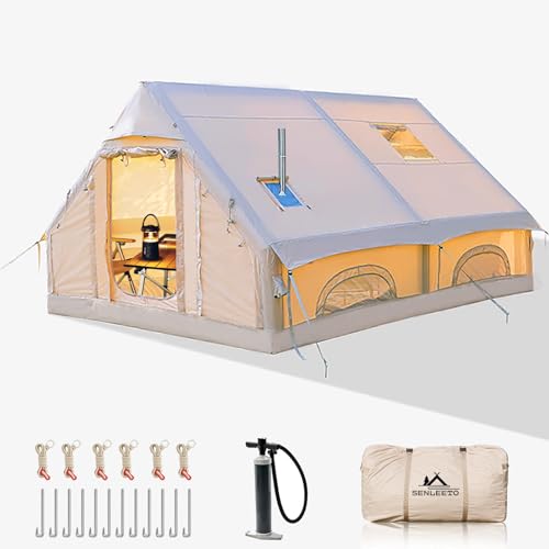 Inflatable Camping Tents 8-10 Person,129 Square Feets Large Inflatable Camping Tent with Stove Jack,Blow up Tent with Mesh Windows & Pump