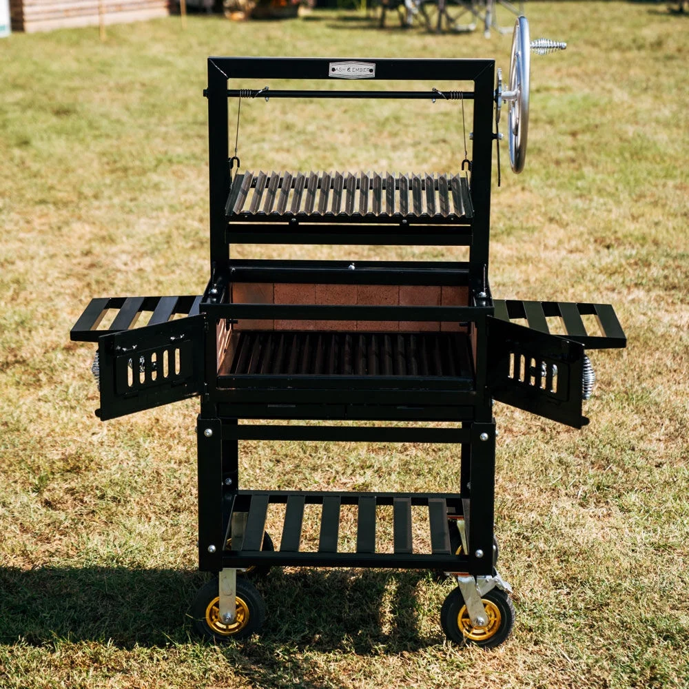 Ash & Ember Santa Maria Grill, Steel Wood & Charcoal Argentine Grill, Flywheel for Adjustable Grate Height, BBQ Grill with Ceramic Brick Lining