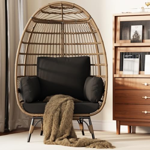 Oversize 360°Swivel Egg Chair Patio Rotating Rattan Egg Basket Lounge Chair, Wicker Egg-Shaped Chair w/Steel Frame Stand and 4 Cushions for Patio