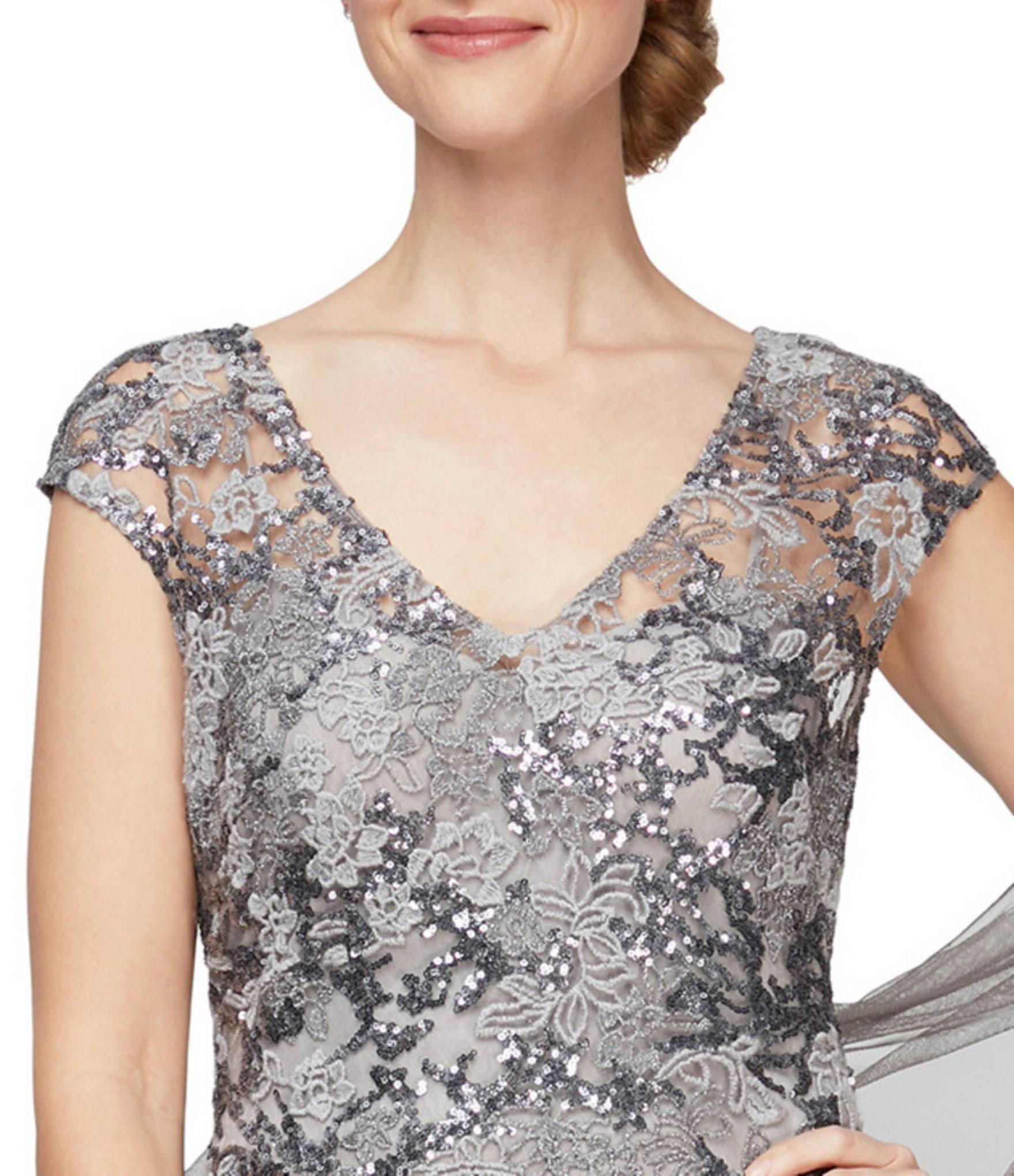 Alex Evenings Illusion Cap Sleeve Embroidered Lace Godet Gown - 16