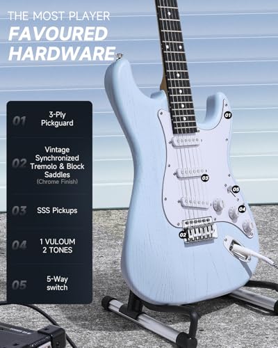 DONNER DST-80 Electric Guitar 39” Beginner Electric Guitar Kit with Amp, Classic SSS Pickup Complete with Gig Bag, Tuner, Capo, Strap, Picks