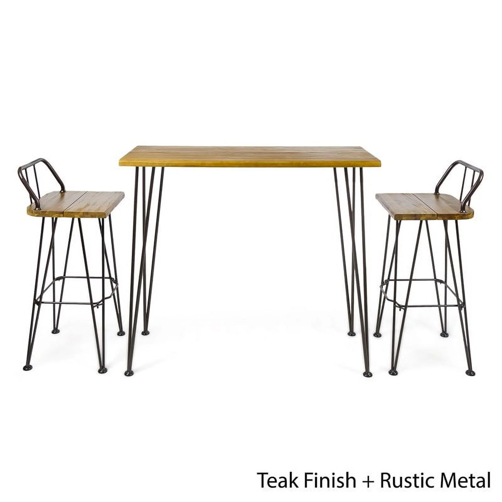 Noble House Denali Outdoor Teaked Acacia Wood Bar Set with Metal Iron Frame