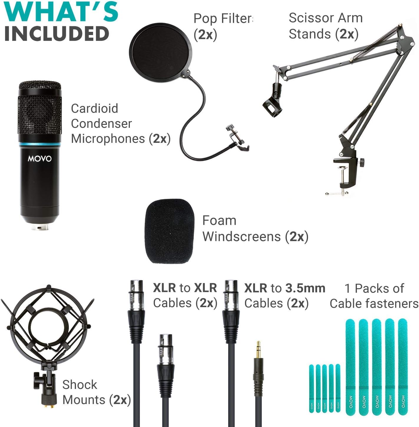 Movo 2-Pack Universal Cardioid Condenser Microphone Kit with Articulating Scissor Arm Mic Stand, Shock Mount and Gooseneck Pop Filter