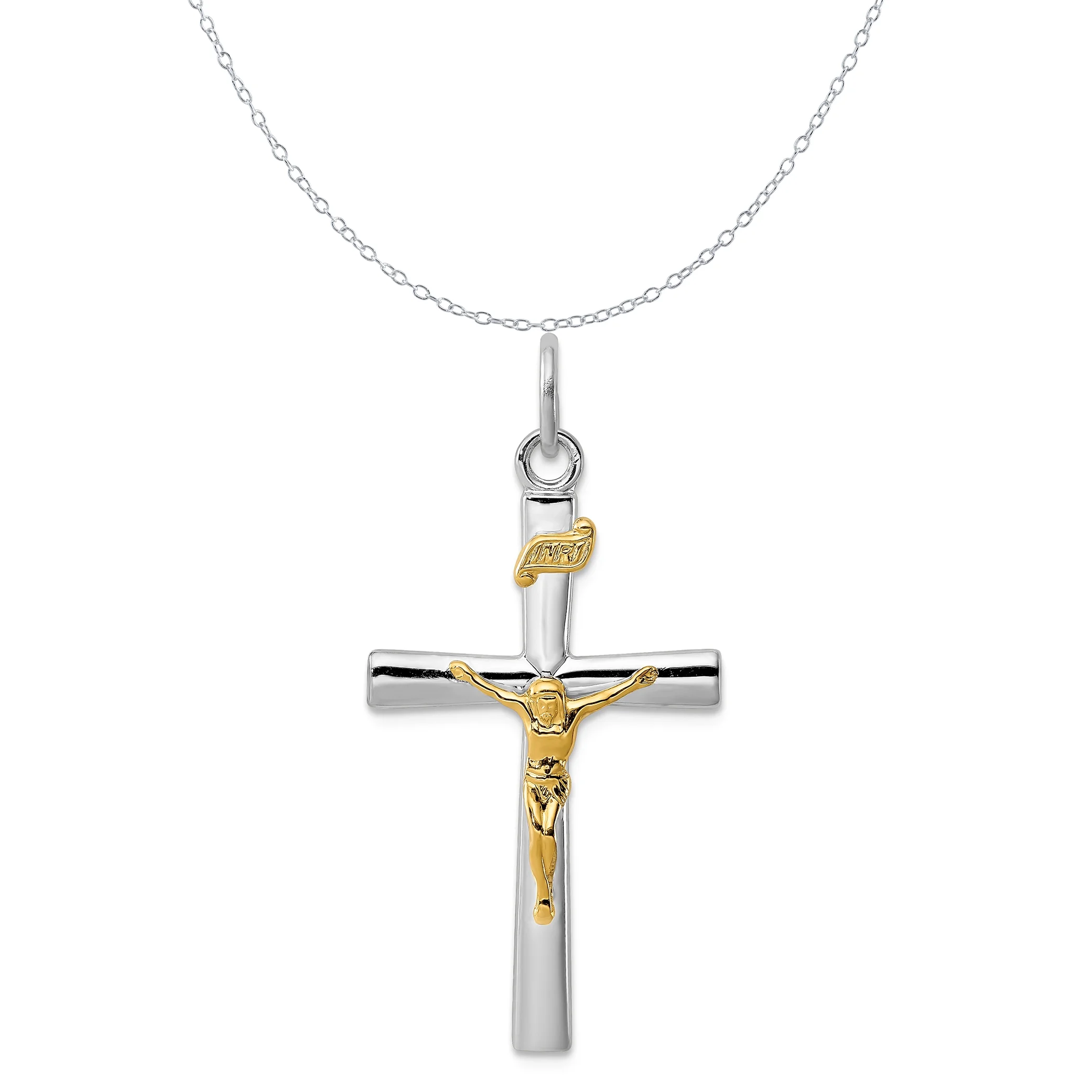 Carat in Karats Sterling Silver Polished Finish Rhodium-Plated 18K Gold Inri Crucifix Charm Pendant (37mm x 18mm) With Sterling Silver Cable Chain