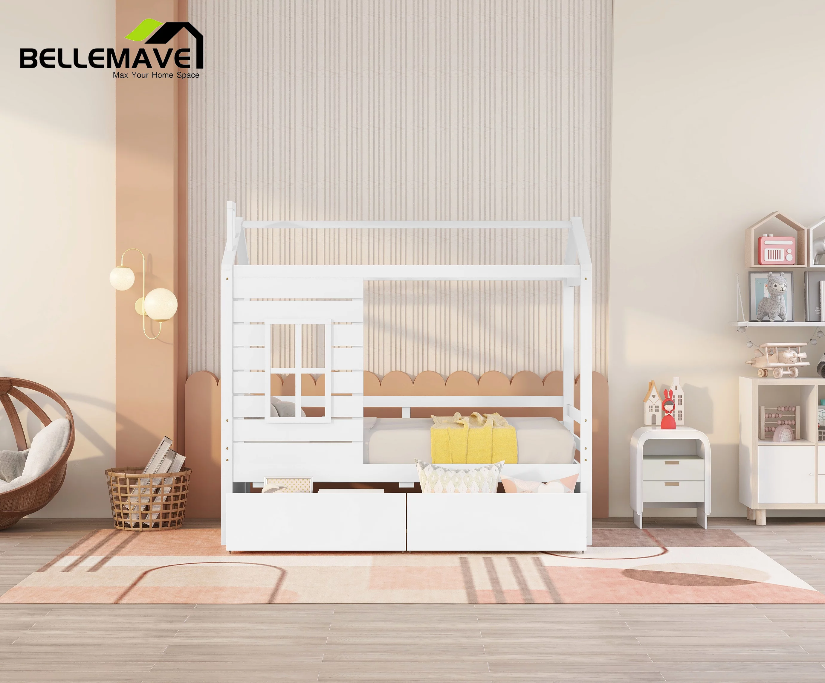 Bellemave Twin Size House Bed with Drawers Kids Bed with Storage Wooden Bed Frame with Guard Rails Twin Kids Bed Frame for Boys, Girls, White