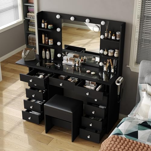 55" W Vanity Desk, Makeup Vanity with Charging Station, 15 Drawers with Lighted Mirror, 3 Lighting Modes, Brightness Adjustable, Glass Top