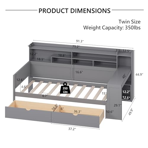 Corner Twin Bed Frame with Bookcase Storage and Desk, Wood Day Beds with 2 Drawers, Twin Size Daybed with Storage for Living Room
