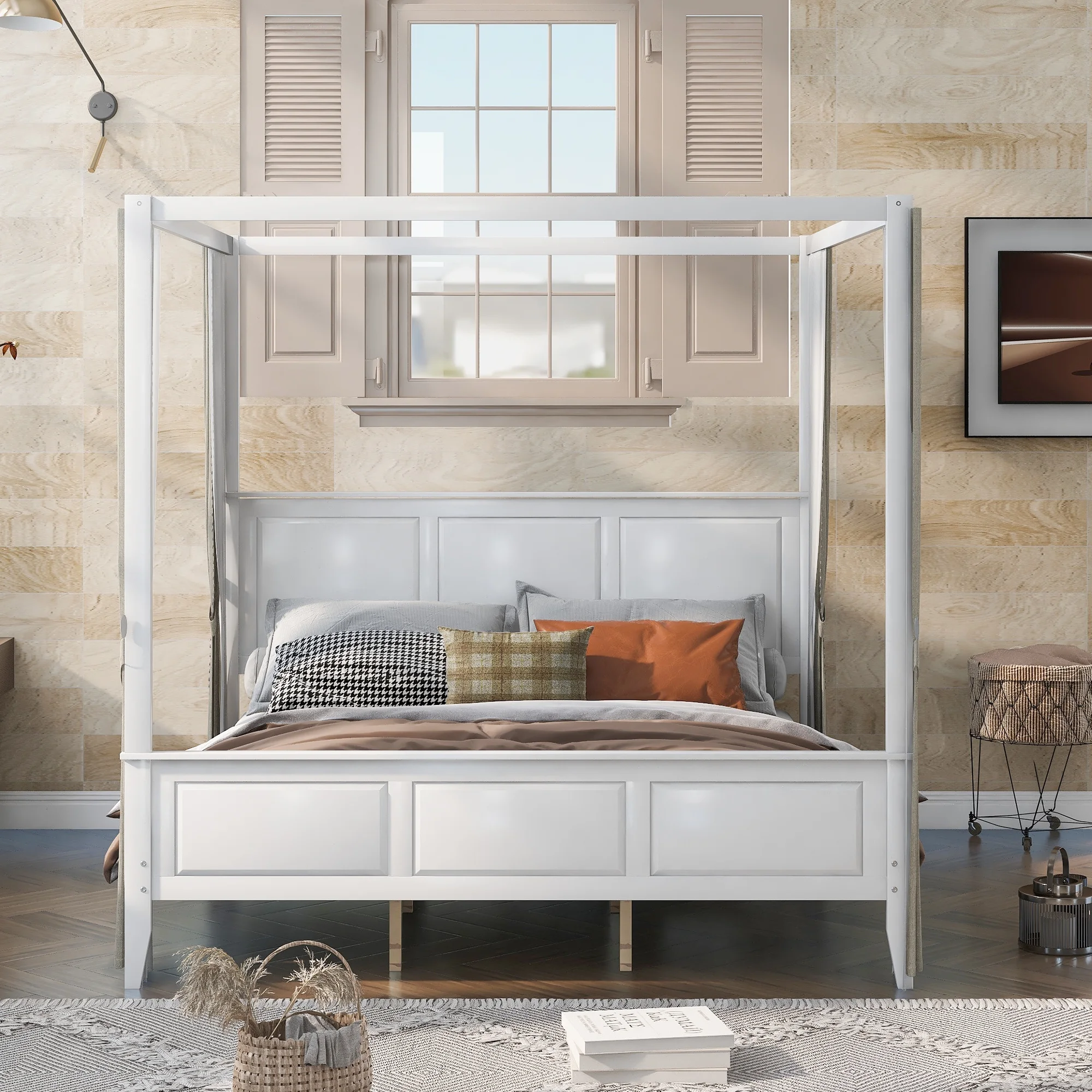 Euroco King Size Canopy Platform Bed with Four Slat Support Leg, White