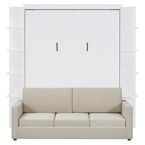 HABITRIO Queen Size Murphy Bed, Wooden Queen Murphy Bed Frame with Shelves, Wall Bed with L-Shape Sofa, White