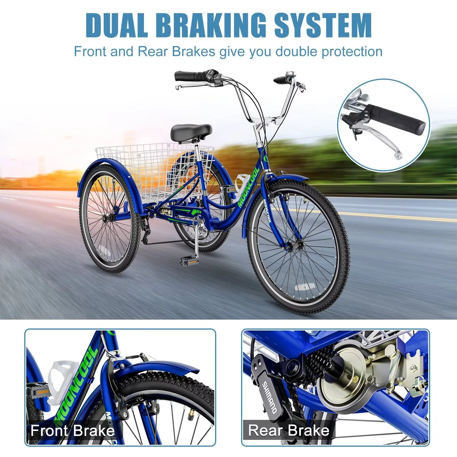 MOPHOTO 7 Speed Adult Tricycle 26 in/24in/20in, Trikes for Adults, Adult Tricycle with Basket & Dual Braking System, Adult Trikes for Women, Men