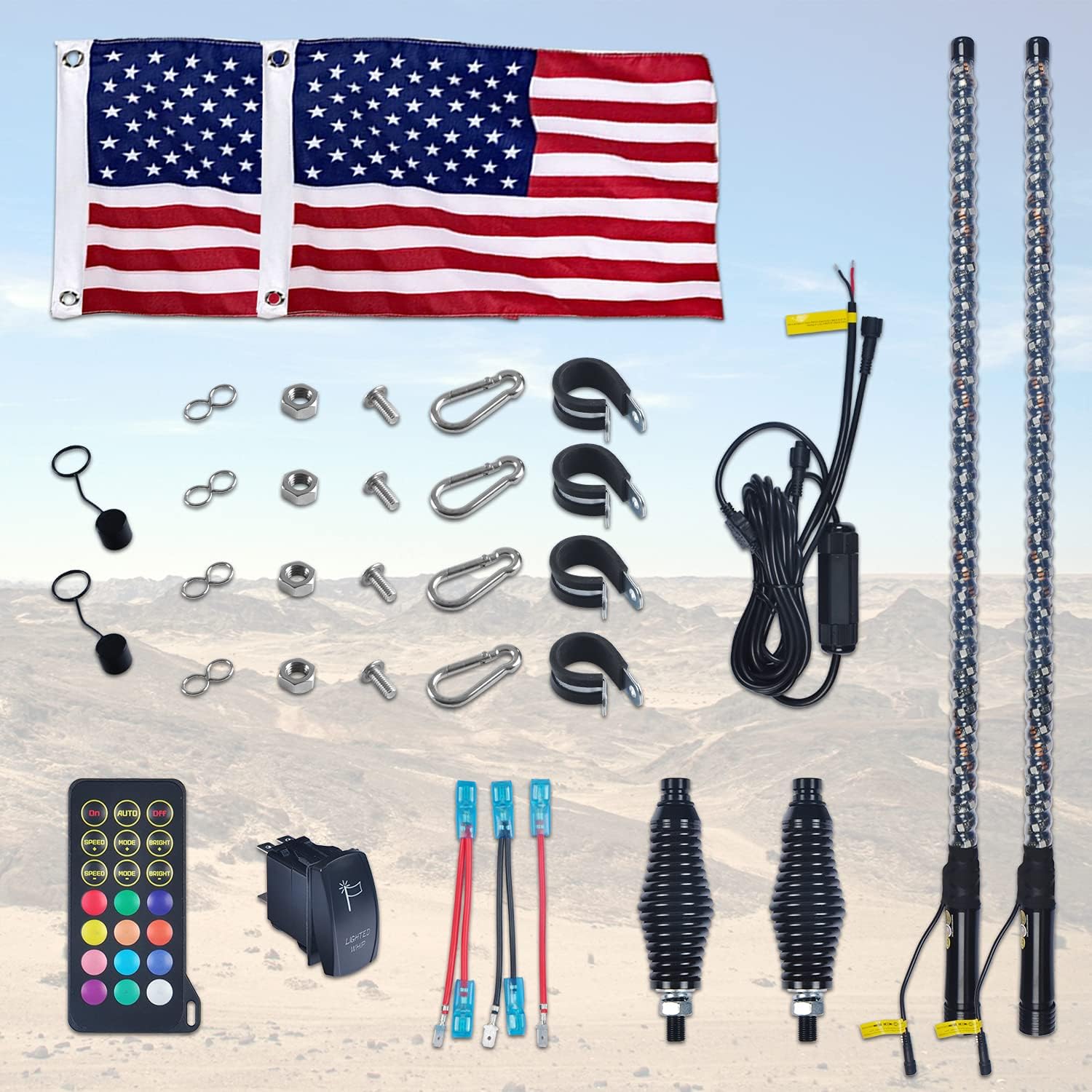 OHMU 2Pcs 3FT Spiral LED Whip Lights for UTV ATV [21 Modes] [20 Colors] [RF Wireless Remote] [Weatherproof] [USA Flag] LED Lighted Whips Antenna for