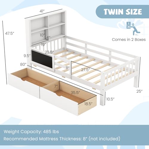 Giantex Full Bed with 2 Storage Drawers, Solid Wood Kids Bed Frame w/Bookcase Headboard & Blackboard, Full-Length Guardrails & Wooden Slats Support