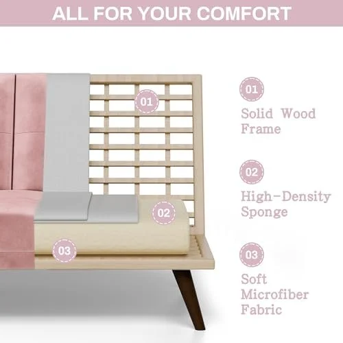 NLIBOOMLife Futon Couch Sofa Bed Convertible Folding Small Sleeper Loveseat with Removable Armrests  Wood Legs  2 Cup Holders for Small Spaces