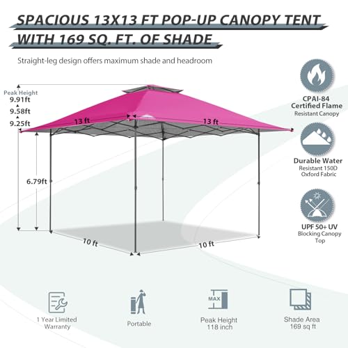 EAGLE PEAK 13x13 Straight Leg Pop Up Canopy Tent Instant Outdoor Canopy Easy Single Person Set up Folding Shelter w/Auto Extending Eaves 169 Square