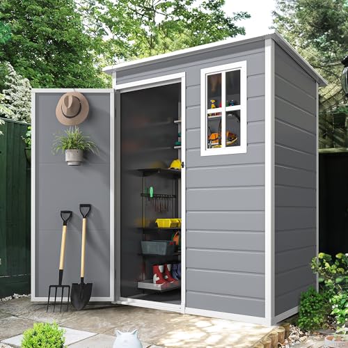 DWVO 5x3ft Resin Outdoor Storage Shed with Floor, Waterproof Lockable Storage Shed with Window, Plastic Outside Tool Storage for Garden, Backyard