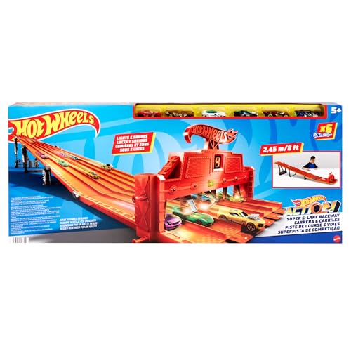 Hot Wheels Toy Car Playset with Lights, Sounds & 6 1:64 Scale Vehicles, Super 6-Lane Raceway, 8-foot Track that Rolls Up for Storage