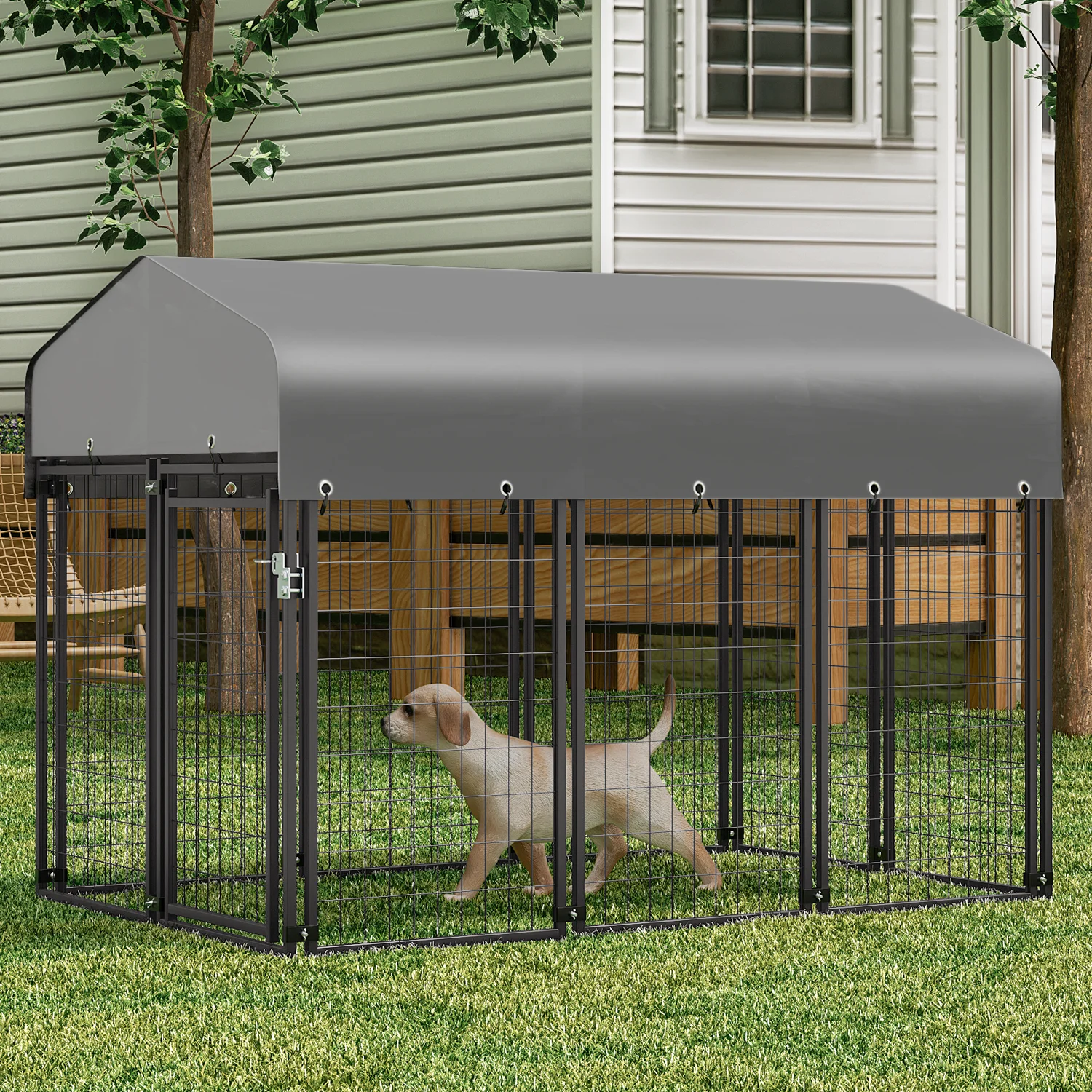 MoNiBloom 4ft x 6.25ft x 4.50ft Heavy Duty Outdoor Dog Kennel with Waterproof Canopy, 10 Panels Expandable Dog Playpen with Latch