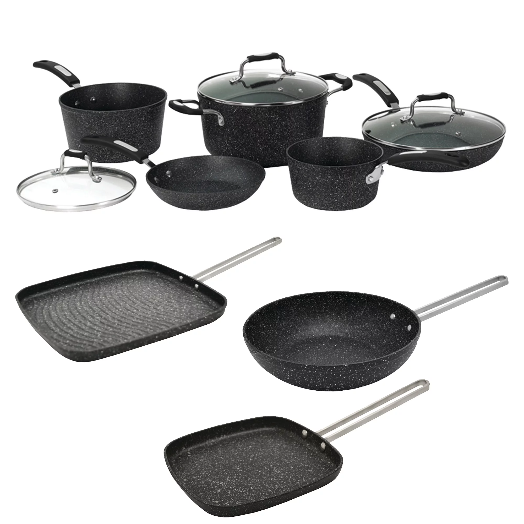 The Rock By Starfrit 8PC Set With Bakelite Handles with 6" Personal Griddle Pan, 7.25" Personal Wok Pan, & 10" Grill Pan - Curated Treasures Market