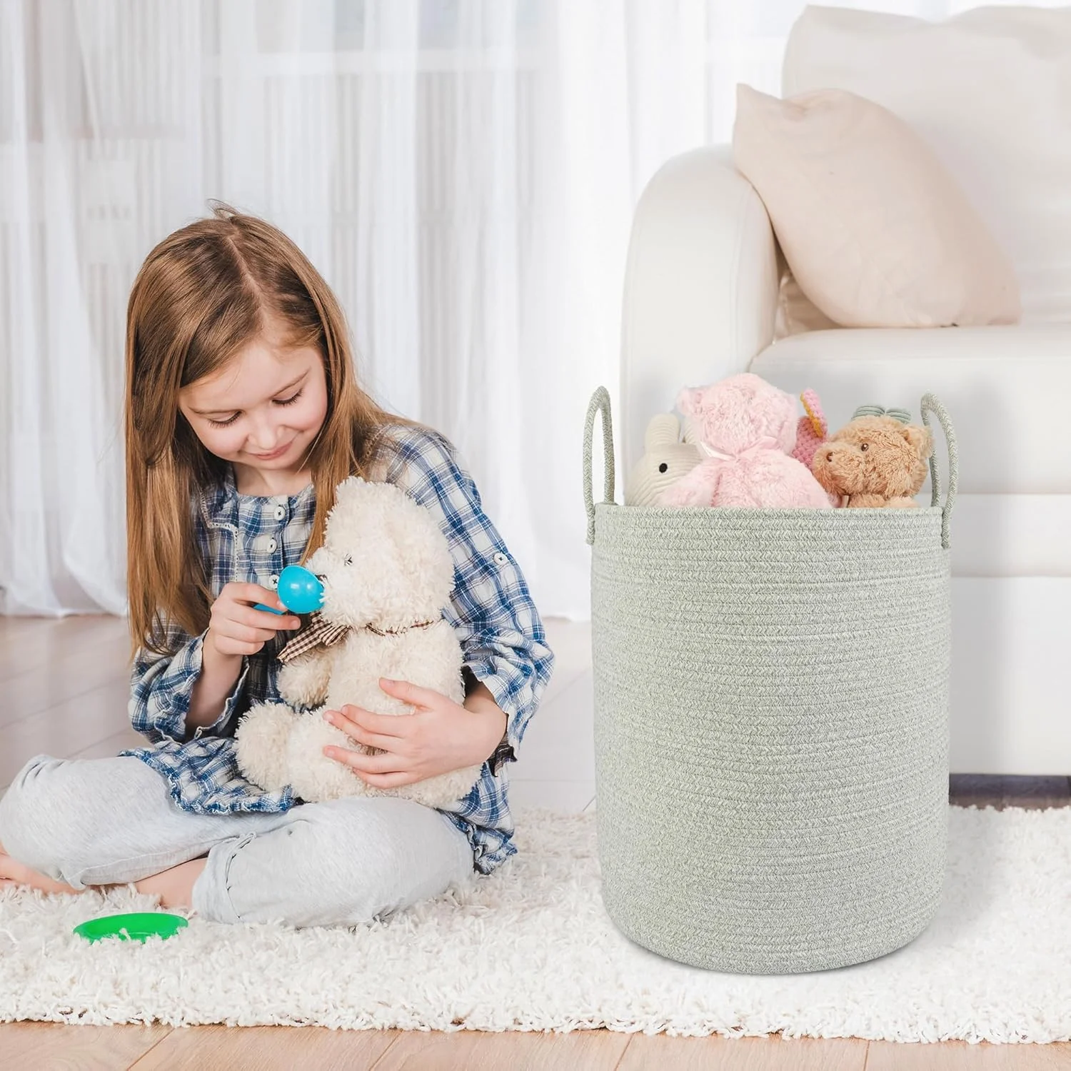 WarmHaven Cotton Rope Laundry Basket Hamper for Clothes Woven Storage Basket for Living Room Bedroom Boho Tall Rope Baskets for Blanket Toys Pillow
