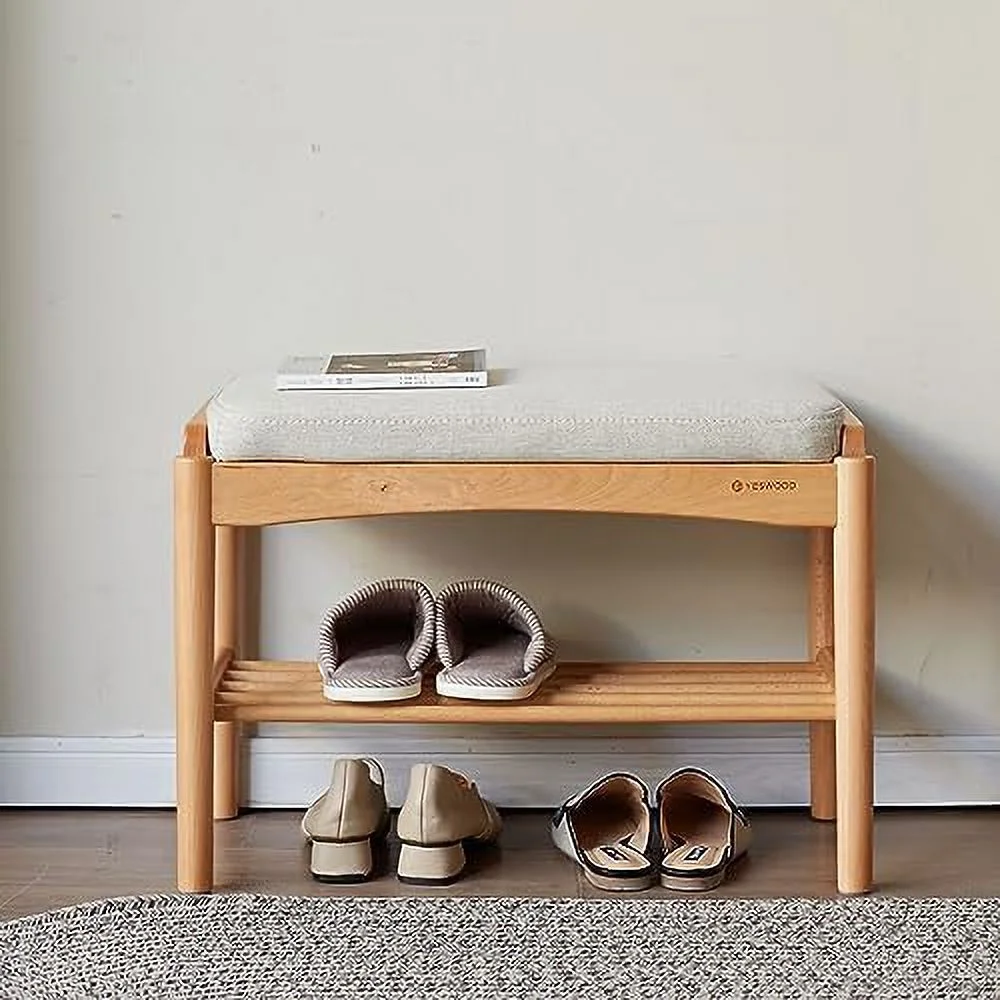 KHBIULIFE Wood Shoe Bench 2-Tier  Bench with Cushion Padded Seat Entryway Bench with Shoe   Small Bench for Entryway Living Room