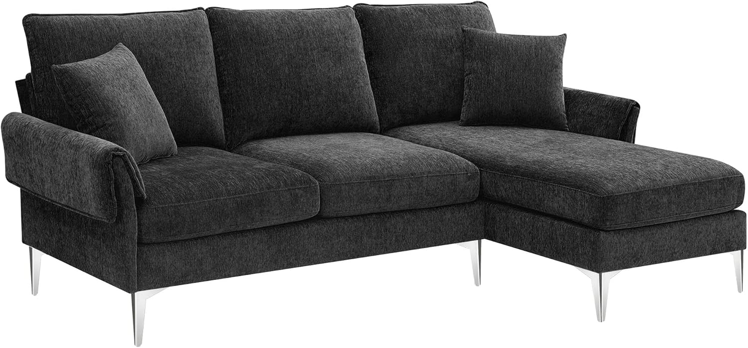 84" Convertible Sectional Sofa with 2 Pillows,Modern Chenille L-Shaped Metal Frame Couch W/Reversible Chaise Lounge,for Dorms,Apartments,Studios,Black