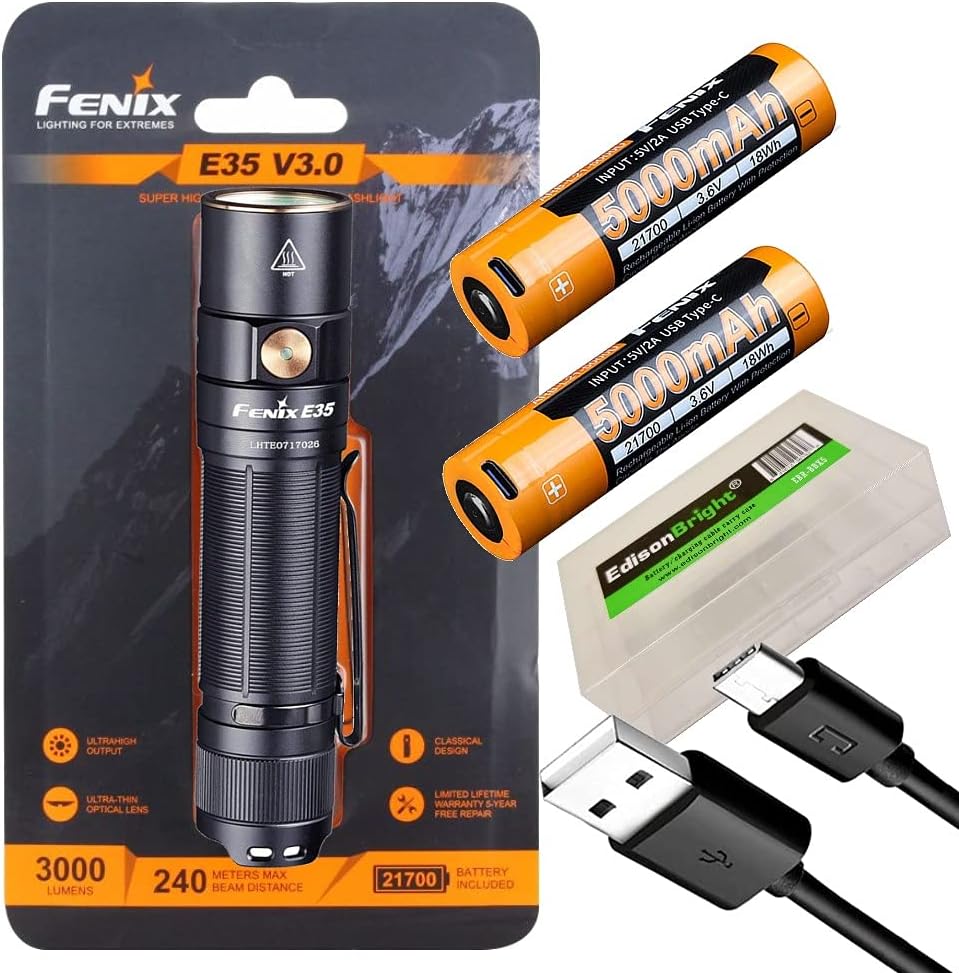 Fenix E35 V3.0 3000 Lumen LED Flashlight, 2 X 5000mAh USB-C Rechargeable batteries with EdisonBright battery carrying case bundle