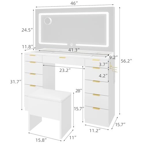 Farmhouse Vanity Desk with Sliding Lighted Mirror & Stool, Vanity Dresser Combo, Large Makeup Vanity with 8 Storage Shelves, 5 Drawers
