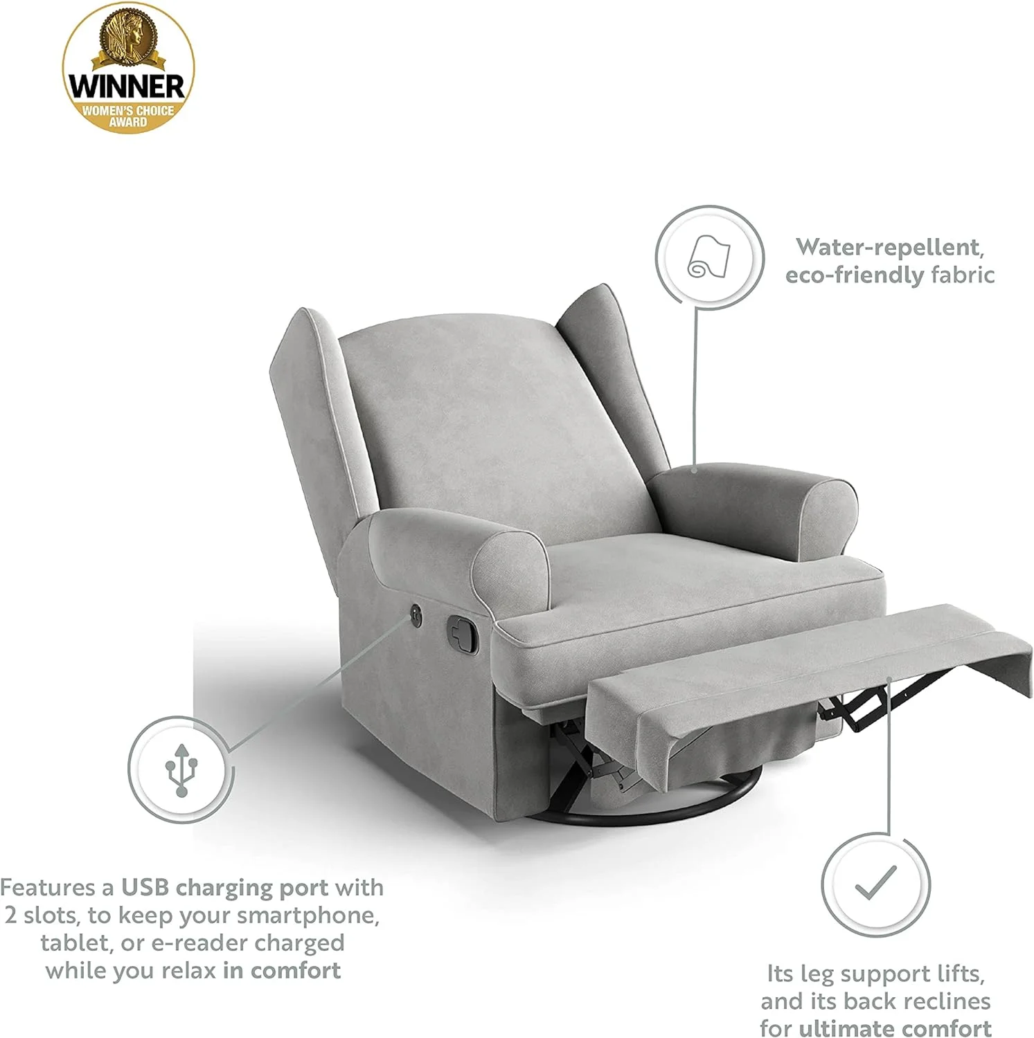Storkcraft Serenity Wingback Children's Nursery Recline Glider with USB, Steel