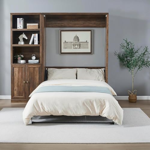 MERITLINE Queen Size Murphy Bed with Storage Bookcase Shelves,Cabinet and Charging Station,Wood Folding White Murphy Wall Bed