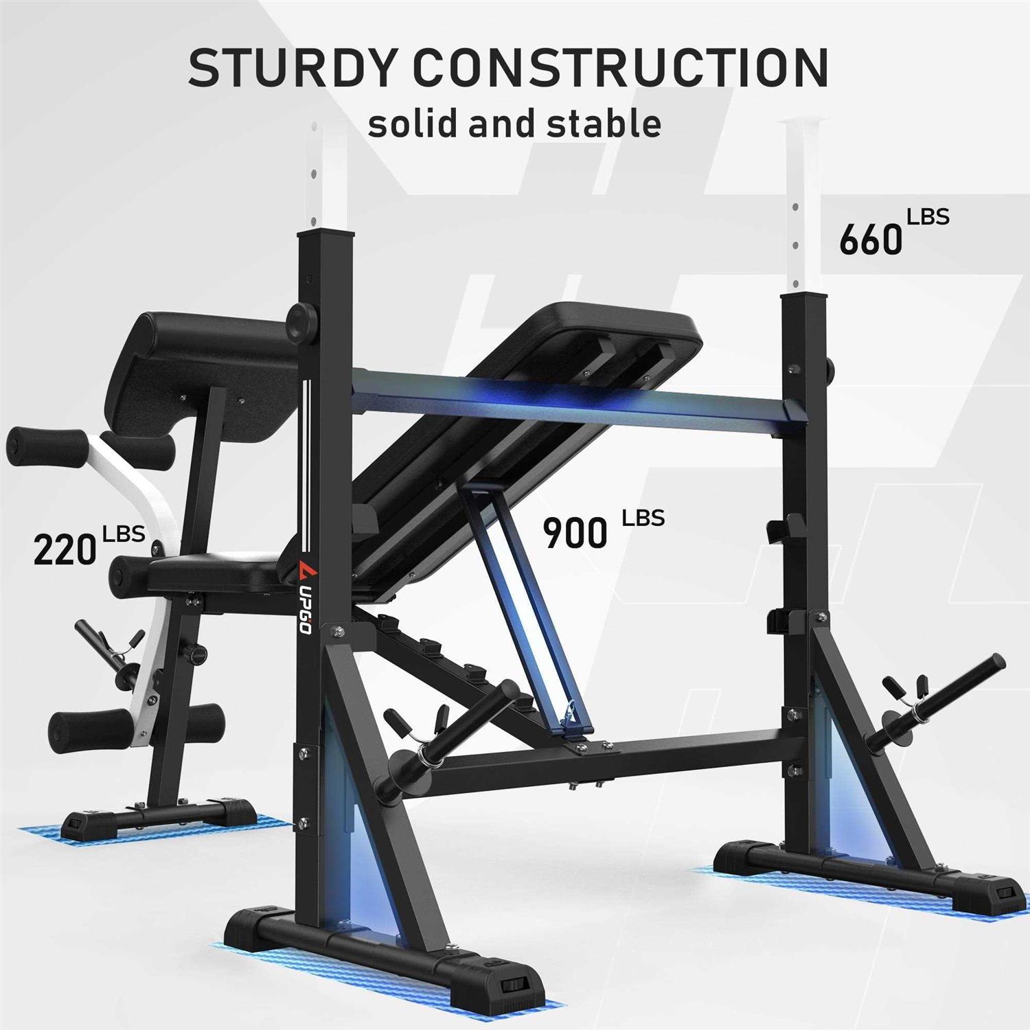 UPGO Standard Weight Bench Bench Press Set with Preacher Curl Pad and Leg Developer for Home Gym Full-Body Workout 900lbs Max Weight