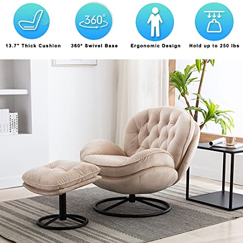 Baysitone Velvet Swivel Accent Chair with Ottoman Set, Modern Lounge Chair with Footrest, Comfy Armchair with 360 Degree Swiveling for Living Room