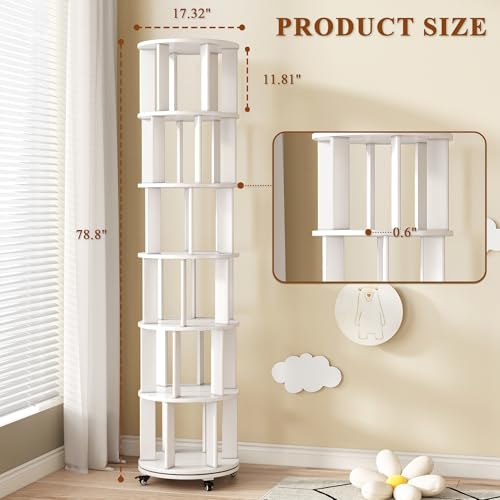 6 Tier Rotating Bookshelf Tower Spinning Bookshelf with Swivel Wheels Book Shelf Rotating Storage Tower for Kids Adult Narrow Walnut Solid Wood