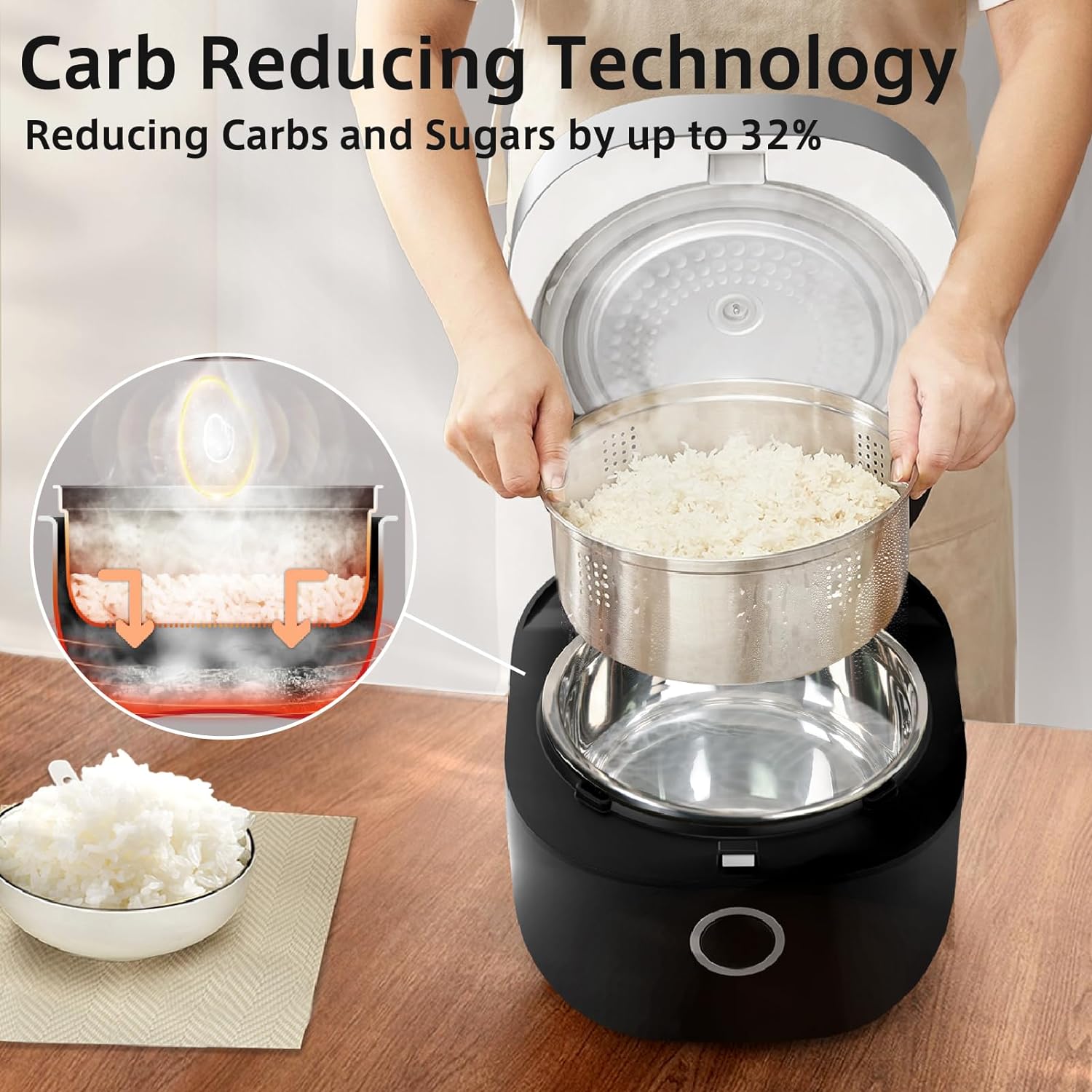 YOKEKON Rice Cooker Stainless Steel Inner Pot, Low Carb Large 8 Cup Rice Maker with Steamer Basket, 24H Delay Timer and Auto Keep Warm Feature
