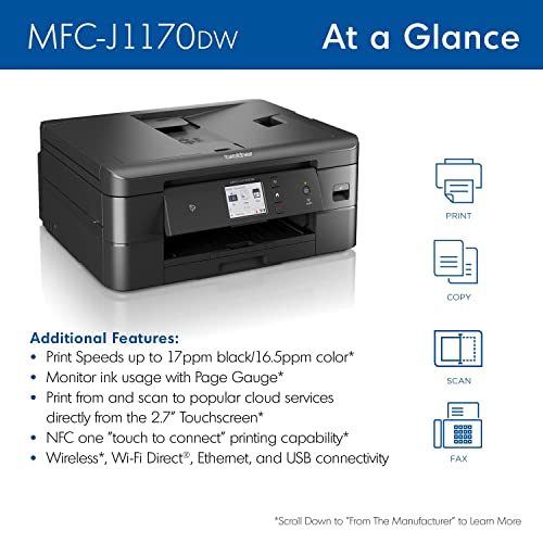 Brother MFC-J1170DW Wireless Color Inkjet All-in-One Printer, NFC One-Touch Print, Duplex, Cloud Print & Scan, Mobile App Control, 2.7" Touchscreen