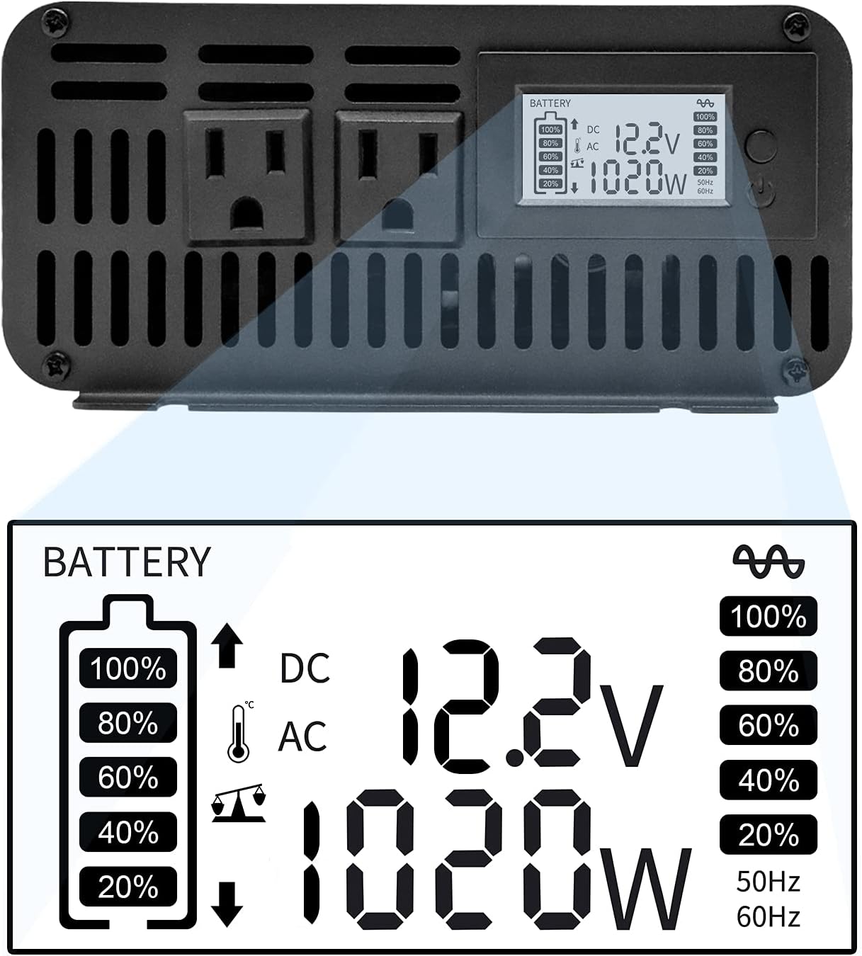 DATOUBOSS 3000W Power Inverter 6000W Peak Pure Sine Wave Inverter 12V DC to 110V AC with Dual AC Outlets & LED Display Car Converter(3000W 12-110V)