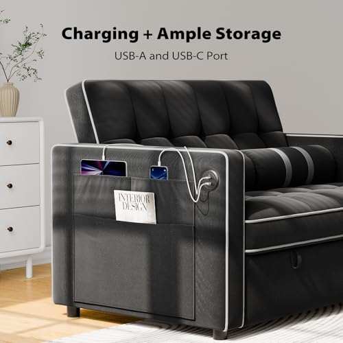 Pipishell 3 in 1 Convertible Sleeper Sofa Bed,Pull Out Couch for Living Room with USB Ports & Side Pockets,Adjustable Backrest,Velvet