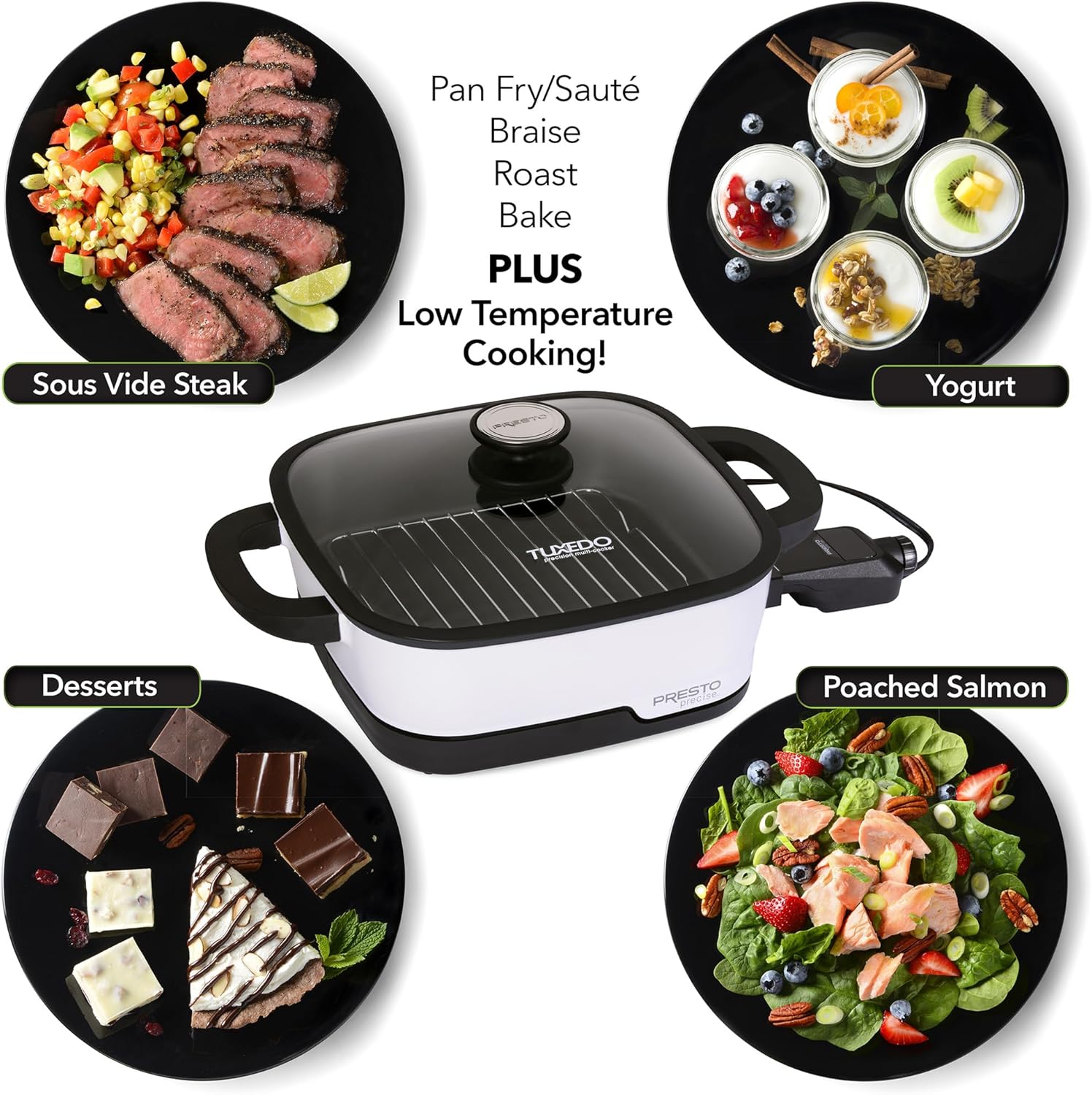 Presto 07118 Tuxedo Precision Multi-Cooker Digital Skillet, 12", White