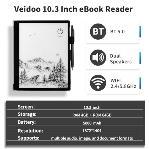 Veidoo 10.3 inch Ebook Reader, Large E-Ink 1872 * 1404 227ppi Touch Screen, 64GB ROM, WiFi, Android E-Reader, Built-in Speaker