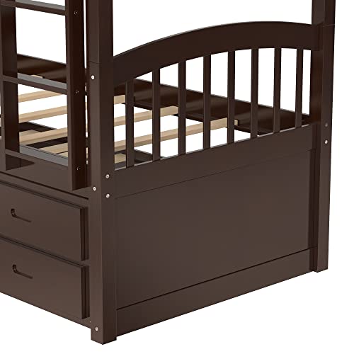 Harper & Bright Designs Twin Over Twin Bunk Bed with Storage Drawers, Solid Wood Bunk Bed Frame with Trundle, for Kids, Teens, Adults (White)