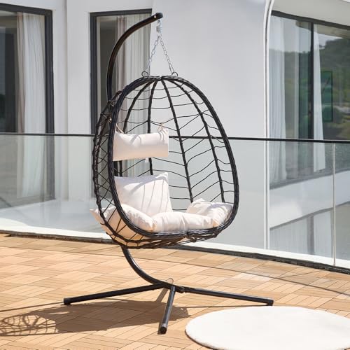 Outdoor Hanging Egg Chair, Patio Wicker Swing Chair with Stand and Cushion, Wider Basket Seating