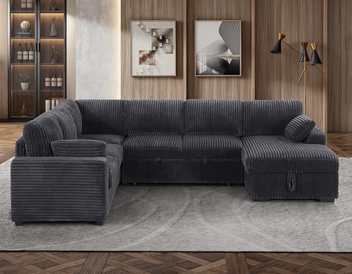 L-Shaped Pull Out Sleep Sofabed,Modern Reversible Sleeper Sectional Sofa Chenille Upholstered Button Tufted Decor with Storage Chaise