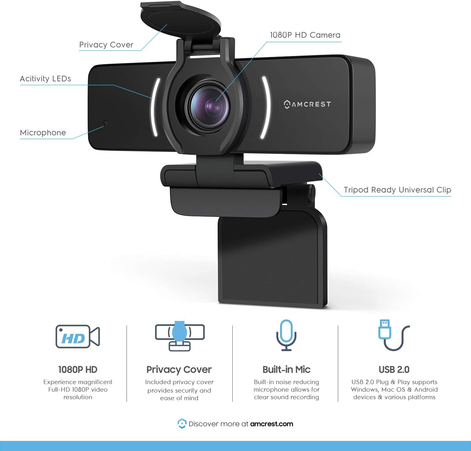 Amcrest 1080P Webcam with Microphone & Privacy Cover, Web Cam USB Camera, Computer HD Streaming Webcam for PC Desktop & Laptop w/Mic