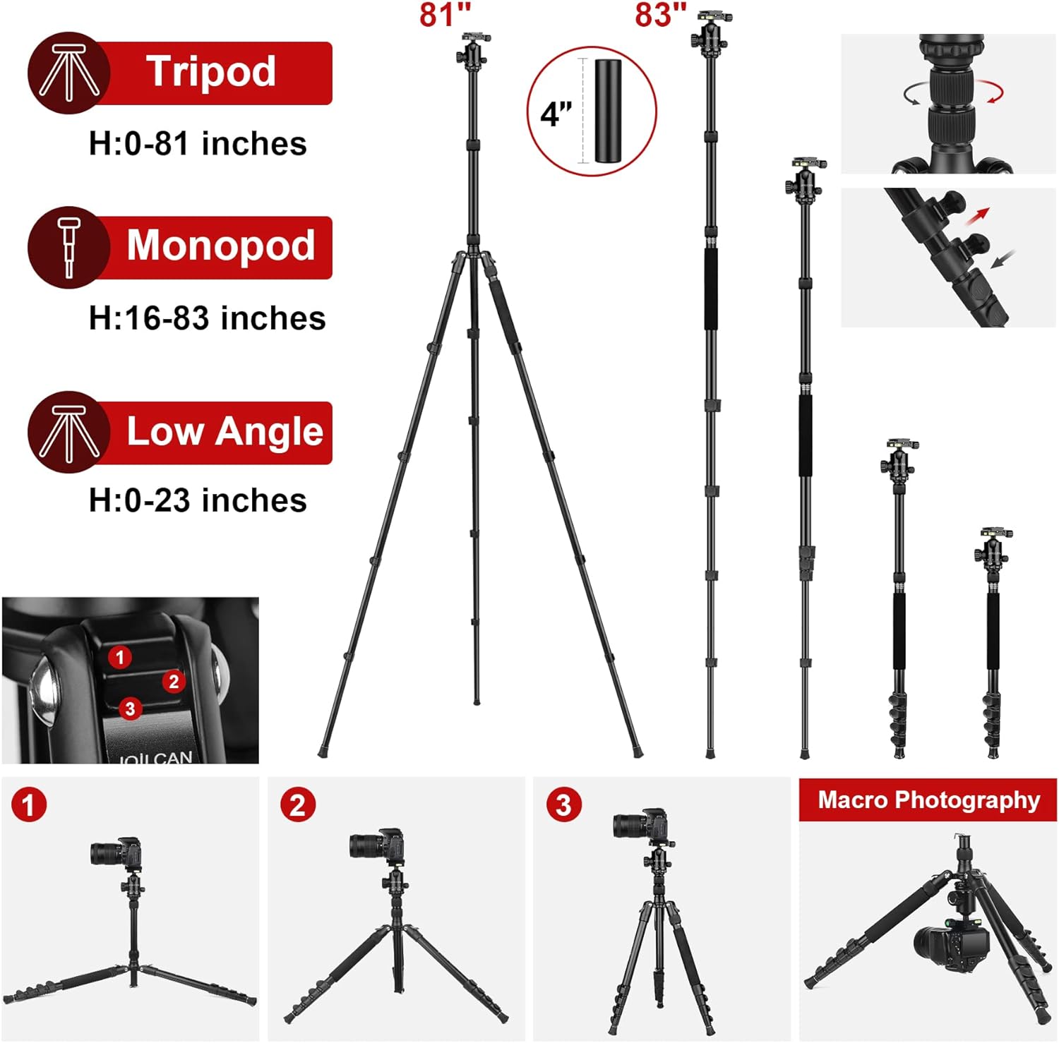 Tripod for Camera, 81" Camera Tripod Stand, 83 inches DSLR Tripods & Monopods