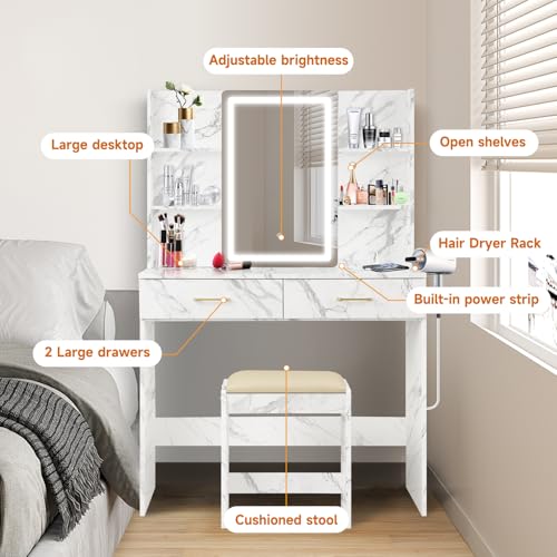 Vanity Set with Lights and Stool, Vanity Desk with Mirror and Lights，Vanity Power Outlet,Vanity Desk with Drawers