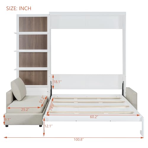 Harper & Bright Designs Queen Size Murphy Bed, Wood Queen Wall Bed with Sofa and Shelves, White
