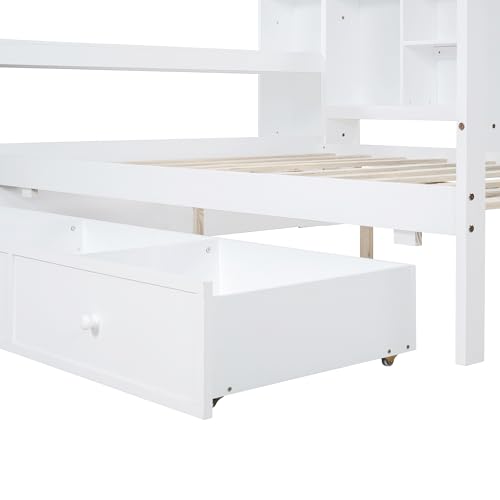 Bellemave Twin Corner Bed Frame with Storage Shelves and Desk, Wood Twin Size Daybed with Bookcase and Drawers and Storage, Gray
