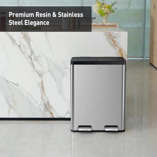 EKO EcoCasa II 36L+24L Dual Trash Can with Recycle Bin, Stainless Steel Garbage Can with Lid, Deodorizer Compartment